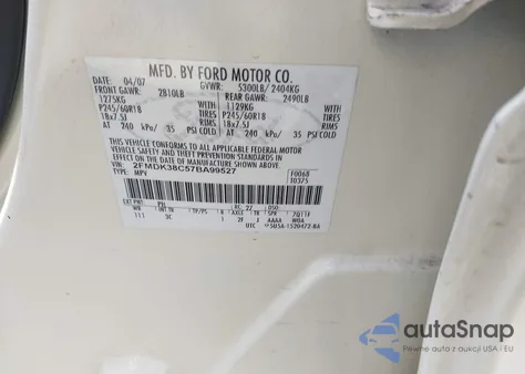 2007 Ford Edge Sel из США, поврежденный, VIN 2FMDK38C57BA99527